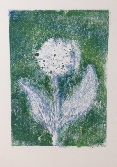 I then printed the "ghost," or second print, after removing leaves.  They leave a nice pattern on the inked plate.  However, it was very faint, so I reinked the plate with a greener version of the background color, wiped out the area where the flower would appear, and reprinted.  Fairly satisfactory.
